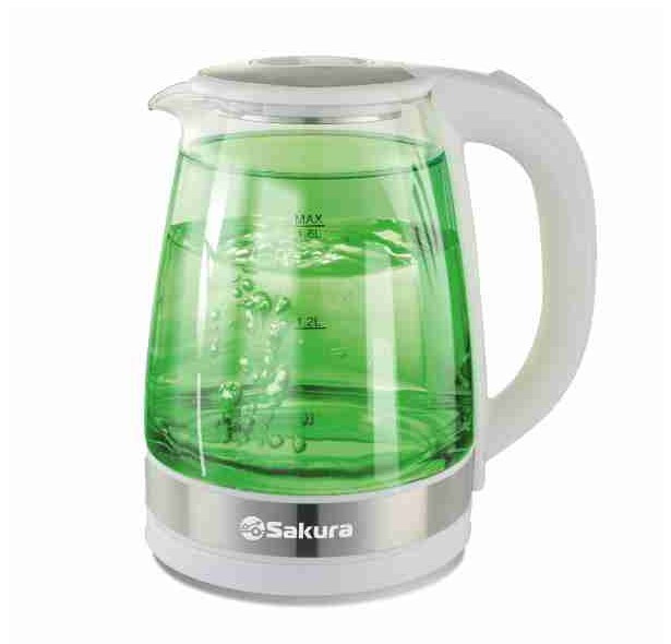 Чайник электрический SAKURA SA-2744GR, 1.8л, 1500-1800Вт, стекло двухсл., с подсветкой
