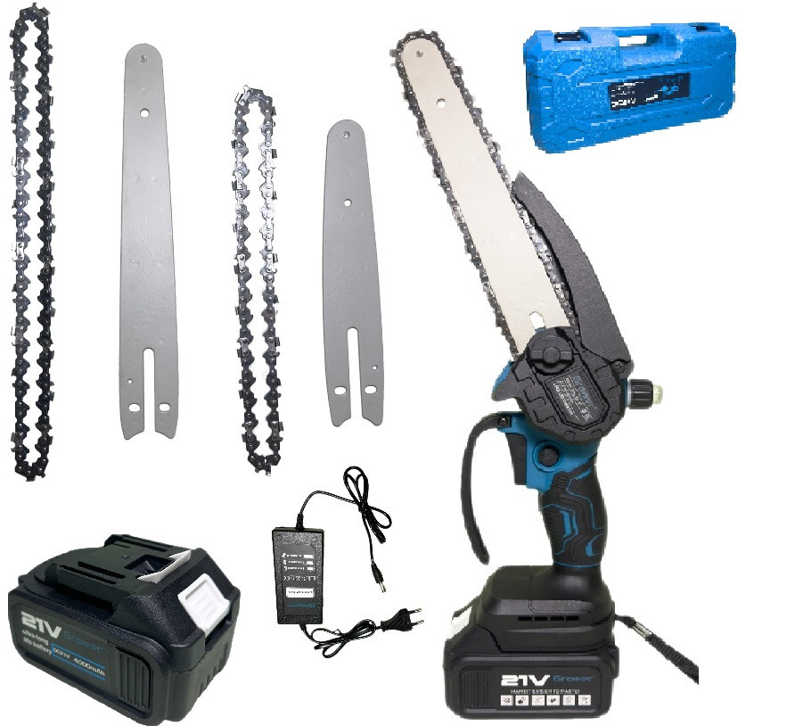 Пила цепная бесщеточная GROWER DBL33, 8"+ 10", 21v, 4Ah аккум. 2шт, Шина 2шт, цепь 2шт, Кейс, З/У