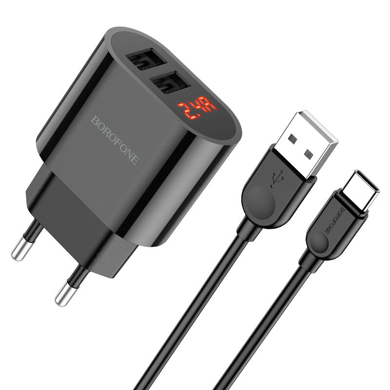 СЗУ Borofone BA63A Richy дисплей 5V2,4A + Кабель Type-C, Чёрный