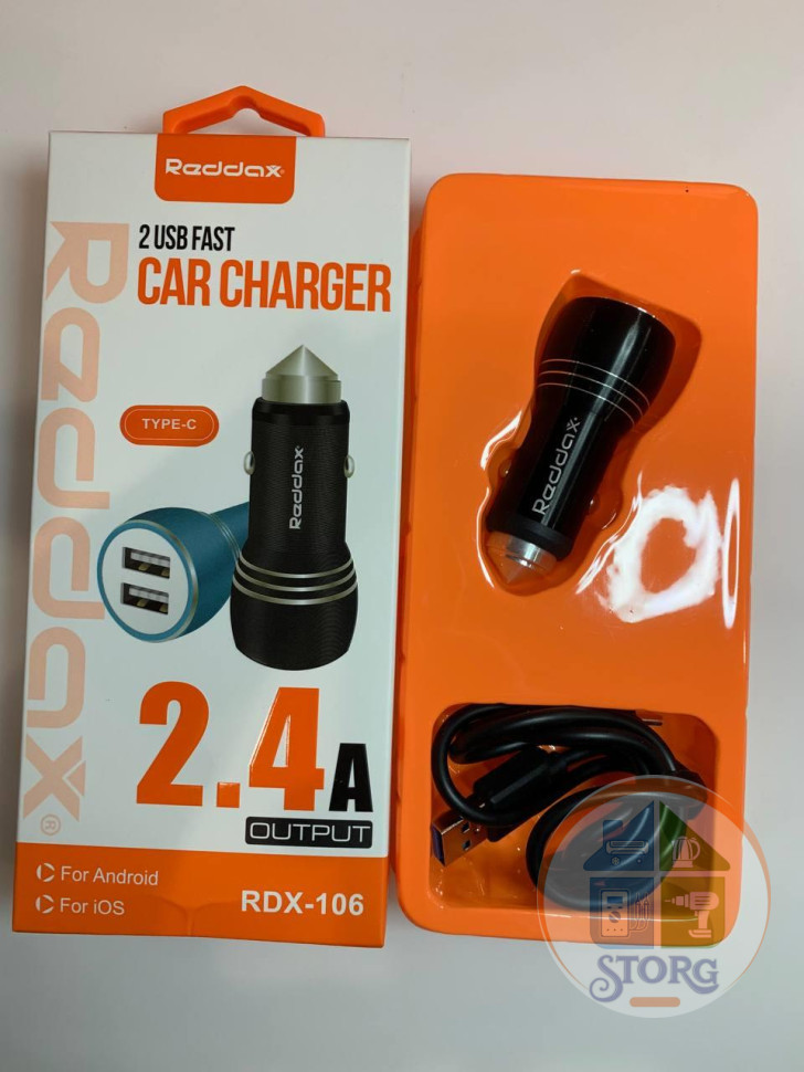 AЗУ Reddax RDX-106 5V2,4A 2USB + кабель TypeC черный металл