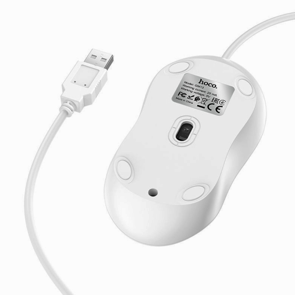 Мышь проводная бесшумная HOCO GM13 Esteem, USB Type‑A, 1000/1600 DPI, кабель 1.5 м, (white)