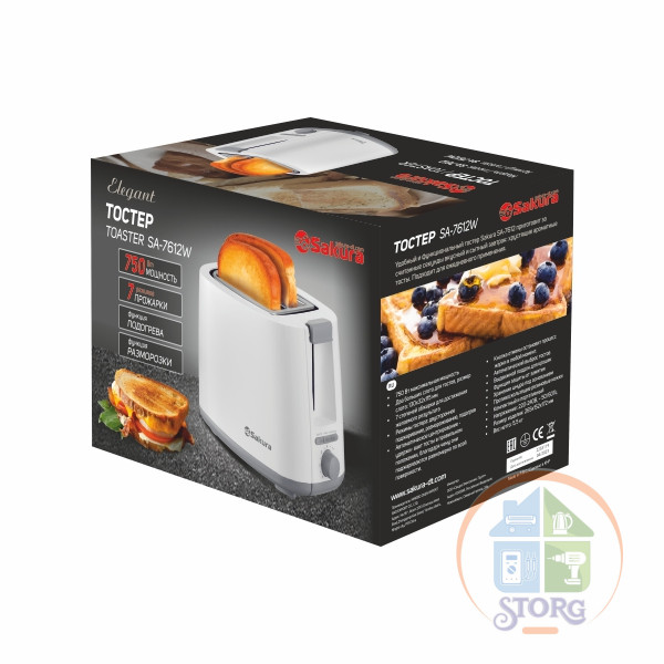 Тостер SAKURA SA-7612W Elegant, белый, 750Вт, подогрев/разморозка, 2 отделения