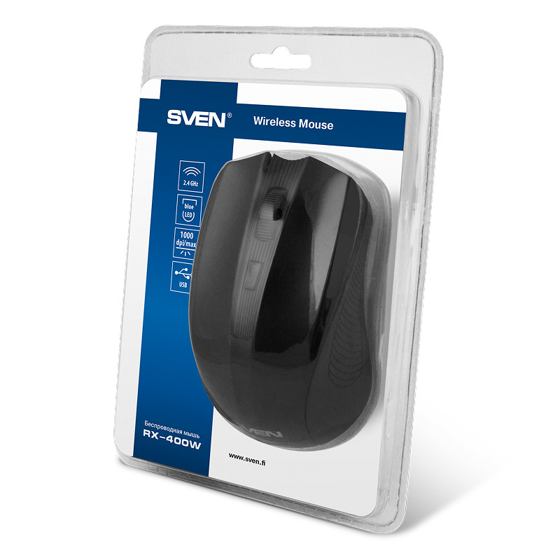 Мышь беспроводная SVEN RX-400W черный, 1400 dpi, радиоканал, USB, кнопки - 4