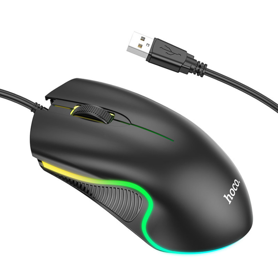 Мышь игровая проводная HOCO GM19 Enjoy gaming, USB, 1000 DPI, кабель 1.4м, RGB‑подсветка (black)
