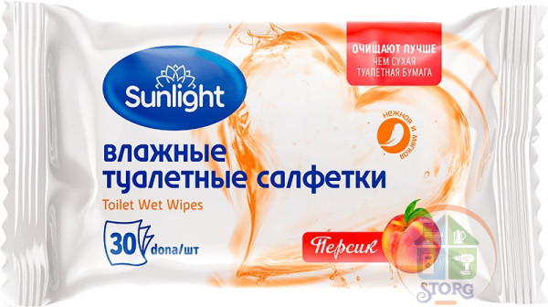 Туалетные Влажные Салфетки SUNLIGHT  а ассортименте (персик ; роза) 30 шт /24 шт/уп