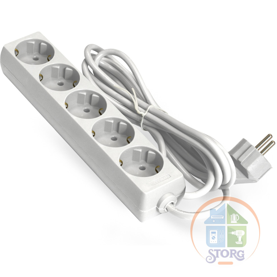 Удлинитель ExeGate ECE-5-5W (EX285827RUS), белый, 5 м, евровилка с заземлением, 5 евророзеток с заземлением, 2200 Вт