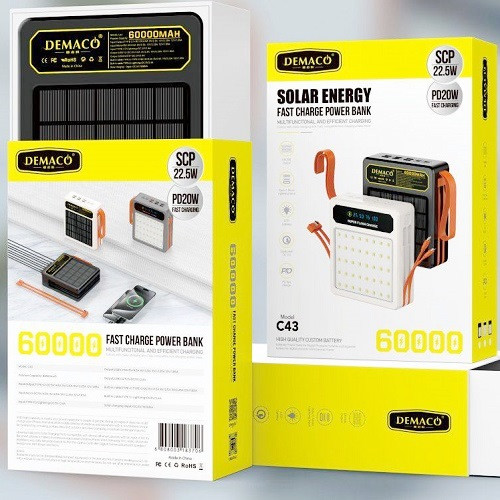 Внешний аккумулятор (Power Bank) Demaco C-43, 60000мАч, PD20W, 22,5W, Solar, 4в1, фонарь , солнечная панель, Black