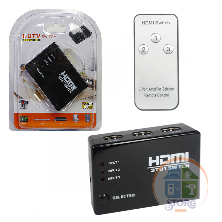 Адаптер HDMI Switch+Remote 3x1 Port с пультом 4K (black) в коробочке