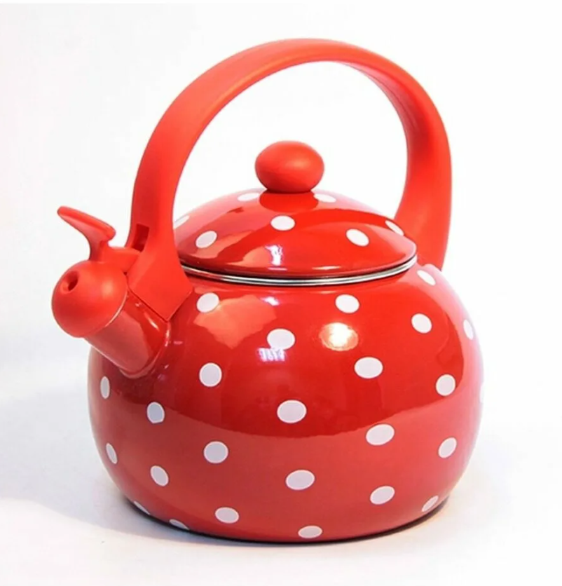 Чайник эмалированный со свистком KELLI KL-4426 Красный в горошек, 2,5л, термоизолированная ручка