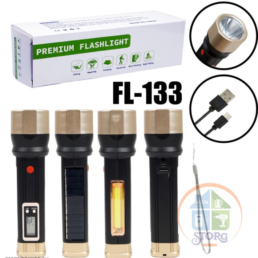 Ручной Светодиодный фонарь FL-133 Аккумуляторный, Micro-USB + Зарядка от солнечной батареи