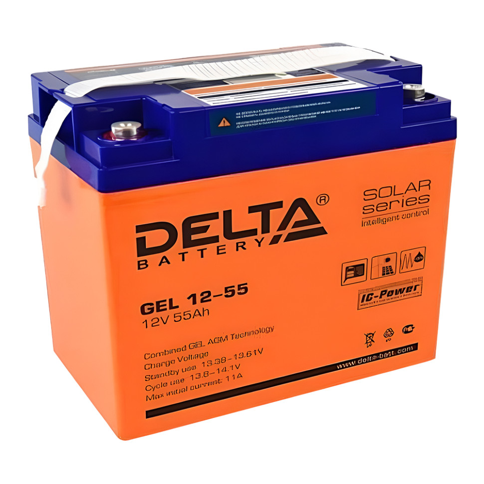 Аккумуляторная батарея для ИБП Delta GEL 12-55 (12В, 55Ач, AGM+GEL, от –20°C до +60°C, под болт M6)