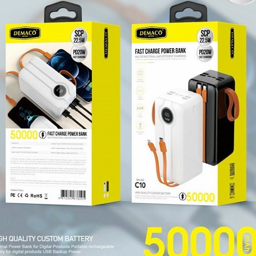 Внешний аккумулятор (Power Bank) Demaco C-10, 50000 mAh, PD20W, 22,5W, 4 in 1 cables, Black