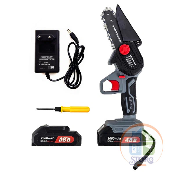 Пила цепная аккумуляторная E0096 18MKGSD-18V Li-ion 2х2.0 Ач, шина 13 см, 28 звеньев