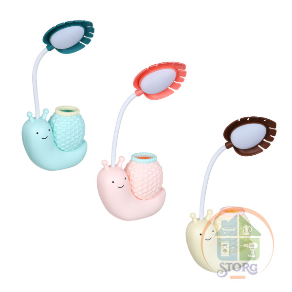 Светильник настолный LED 2 в 1 в форме улитки, подст. для ручек, 11х5х29 см, USB, 3 дизайна