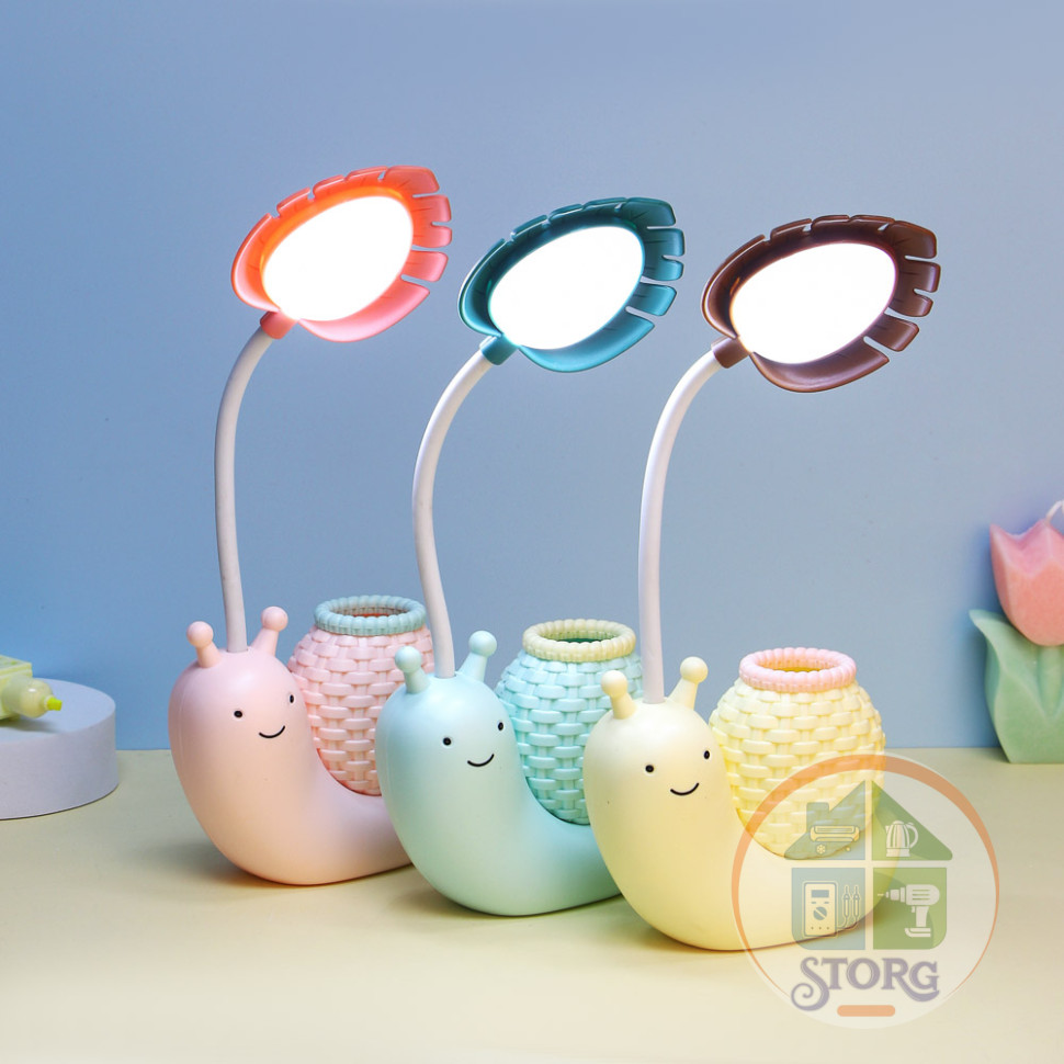 Светильник настолный LED 2 в 1 в форме улитки, подст. для ручек, 11х5х29 см, USB, 3 дизайна