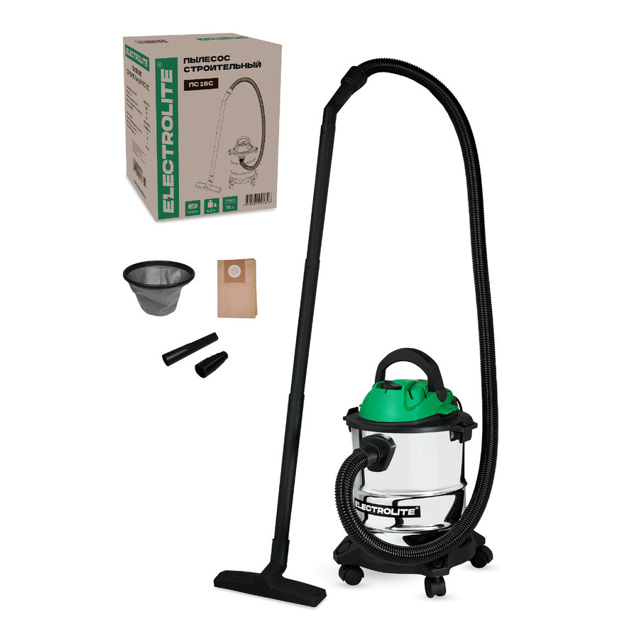 Пылесос строительный ELECTROLITE ПС 15С, 1500Вт, 15л, сух/влаж. уборка, шланг 1.8м