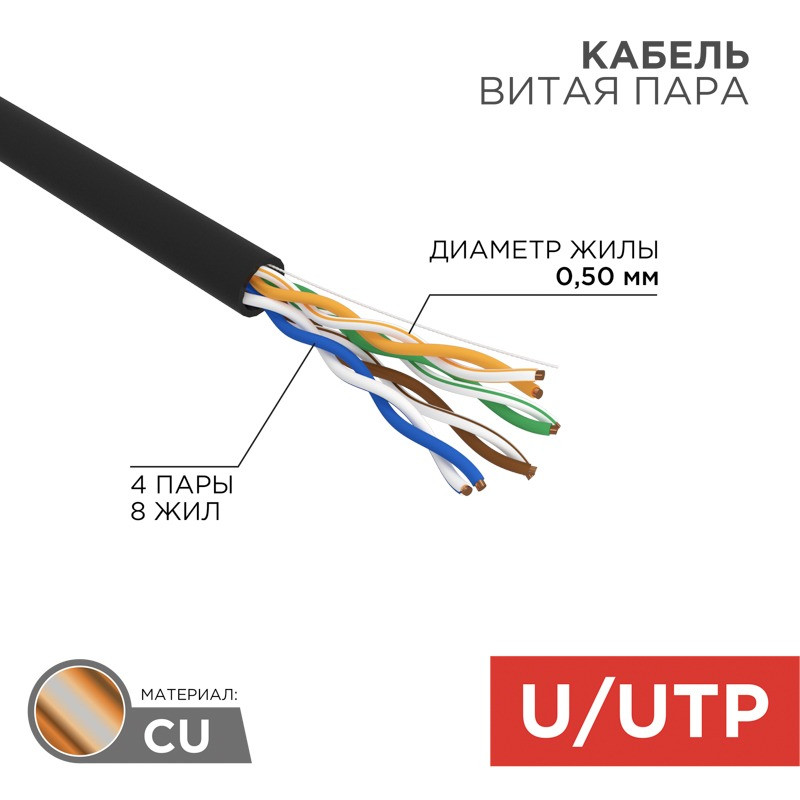 Кабель REXANT U/UTP, CAT 5e, PE 4х2х0,50мм, 24AWG, внешний, черный