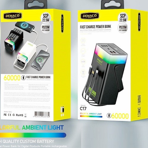 Внешний аккумулятор (Power Bank) Demaco C-17, 60000мАч, RGB, PD20W, SCP 22,5W, 3в1, фонарь, White
