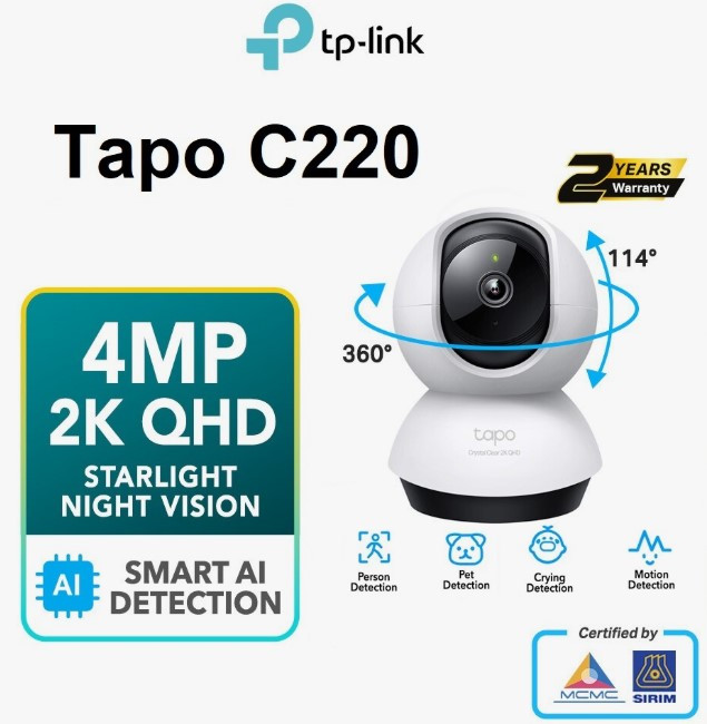 Умная домашняя поворотная камера TP-Link Tapo C220 2K QHD 4MP (2560 x 1440 px)