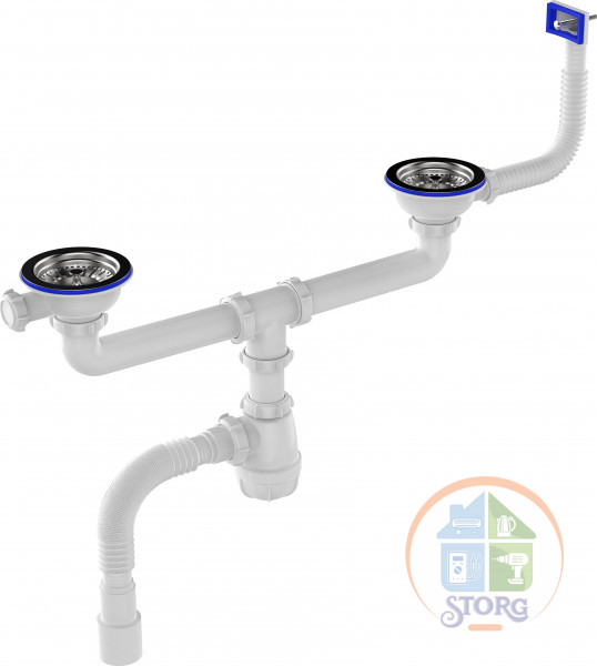 Сифон для мойки Aquant 3 1/2"х40 сдвоенный с мет.реш. с прямоуг. переливом с г.т. 40х40/50 (D0148-12