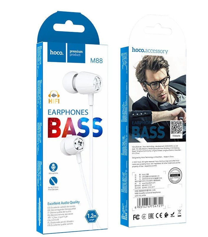Наушники HOCO M88 Graceful universal earphones with mic, white