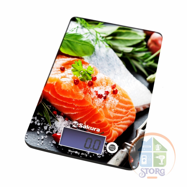 Весы кухонные SAKURA SA-6075F "Рыба", 8кг, дел 1г, стекло, питание:1*3В (CR)