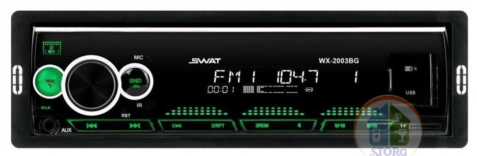 Автомагнитола SWAT WX-2003BG /1 din 4х50 Вт, MP3, USB, SD, BT зел.  подсветка
