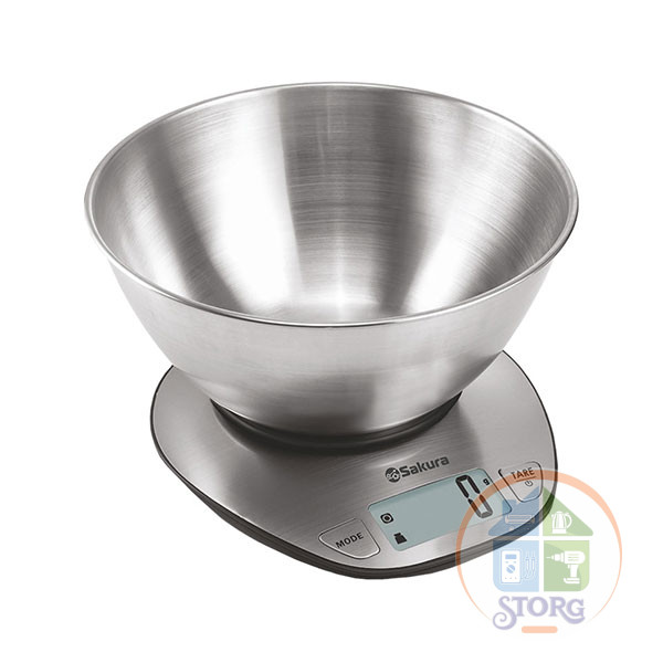 Весы кухонные с чашей SAKURA SA-6064, 5кг, тарокомпенсация, дисплей, цена деление 1г