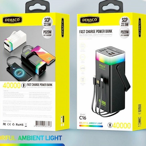 Внешний аккумулятор (Power Bank) Demaco C-16, 40000мАч, RGB, PD20W, SCP 22,5W, 3в1, фонарь ,Black Внешний аккумулятор (Power Bank) Demaco C-16, 40000мАч, RGB, PD20W, SCP 22,5W, 3в1, фонарь ,Black