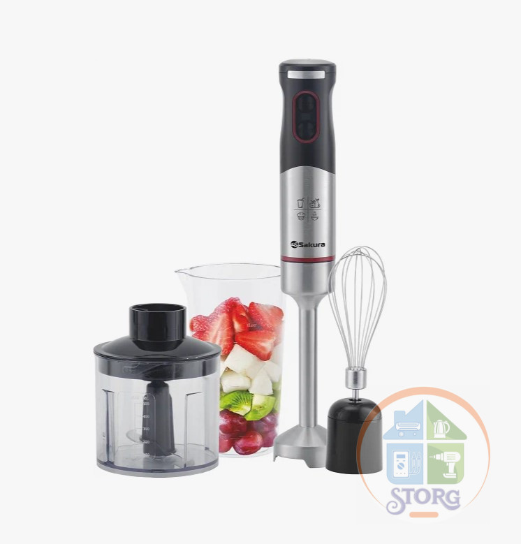 Блендерный набор SAKURA SA-6249SW, белый/серебро, 1000Вт, чоппер, венчик, стакан, 2 скорости