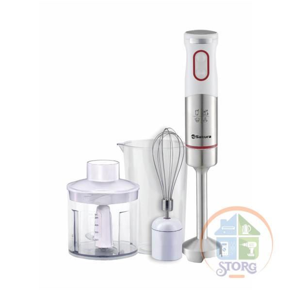 Блендерный набор SAKURA SA-6249SW, белый/серебро, 1000Вт, чоппер, венчик, стакан, 2 скорости