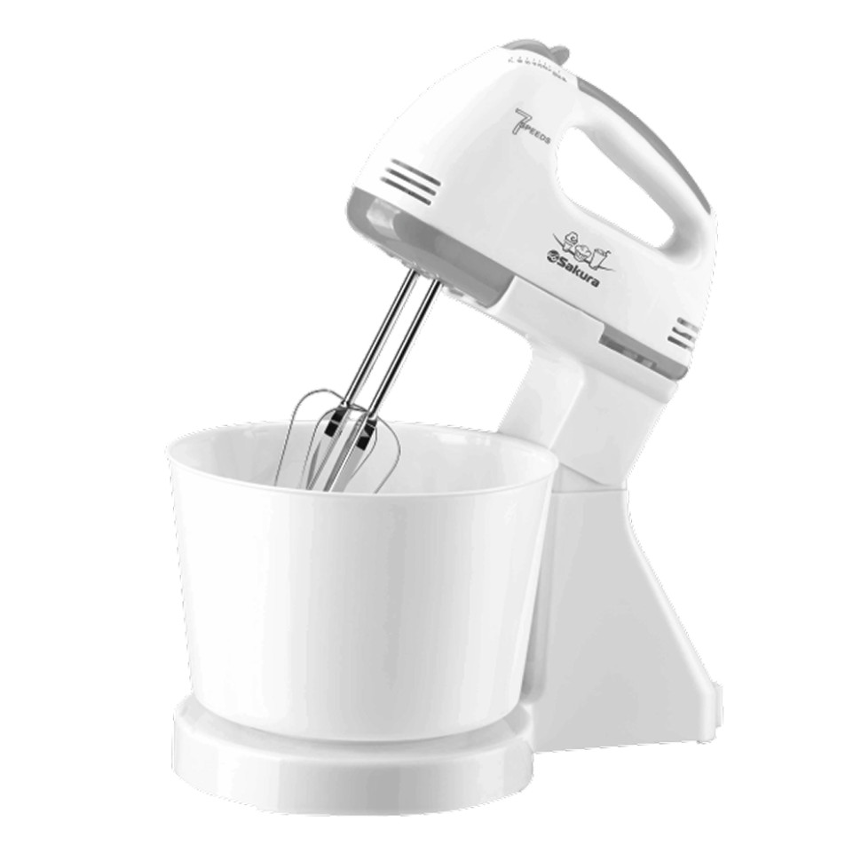 Миксер с чашей SAKURA SA-6313CWG Белый, 250Вт, чаша 1.5л, 7 реж., 2 венчика, 2 крюка, нерж.сталь