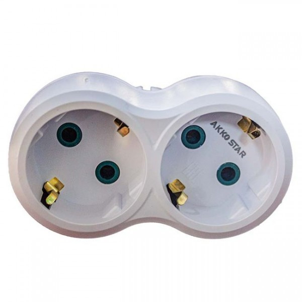 Разветвитель розетки AKKOSTAR двойной с заземлением 250V-16A 50/60Hz (упак.15шт)