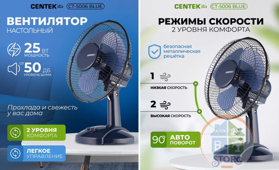 Вентилятор настольный Centek CT-5006 (голубой) 25Вт, решетка-сетка 27см, лопасти 23 см, 2 скорости