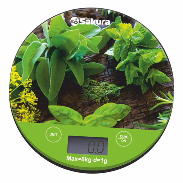 Весы кухонные SAKURA SA-6076G "Зелень", 8кг, дел 1г ,автомат.выкл, пластик