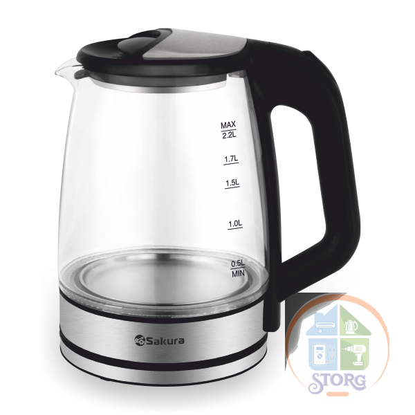 Чайник электрический SAKURA SA-2722BK, черный, 1500Вт, 2.2л, стеклянный, диск, подсветка
