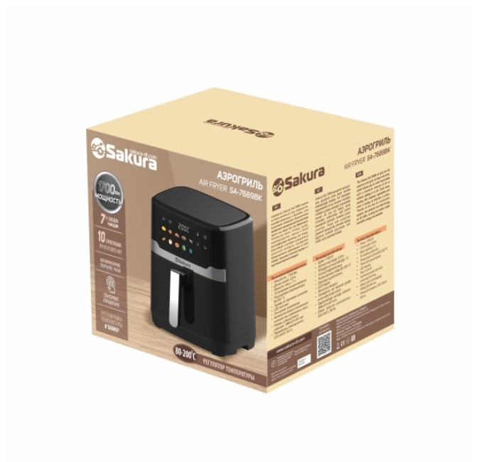 Аэрогриль SAKURA SA-7689BK 7л, 1700 Вт, таймер,10 программ,сенсорный, LED дисплей.