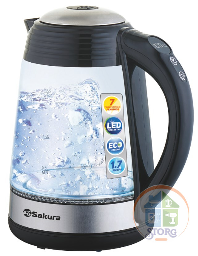 Чайник электрический SAKURA SA-2729DBK (Черный; Объем 1.7л; Мощность 2200Вт;Стеклянный; LED дисплей)
