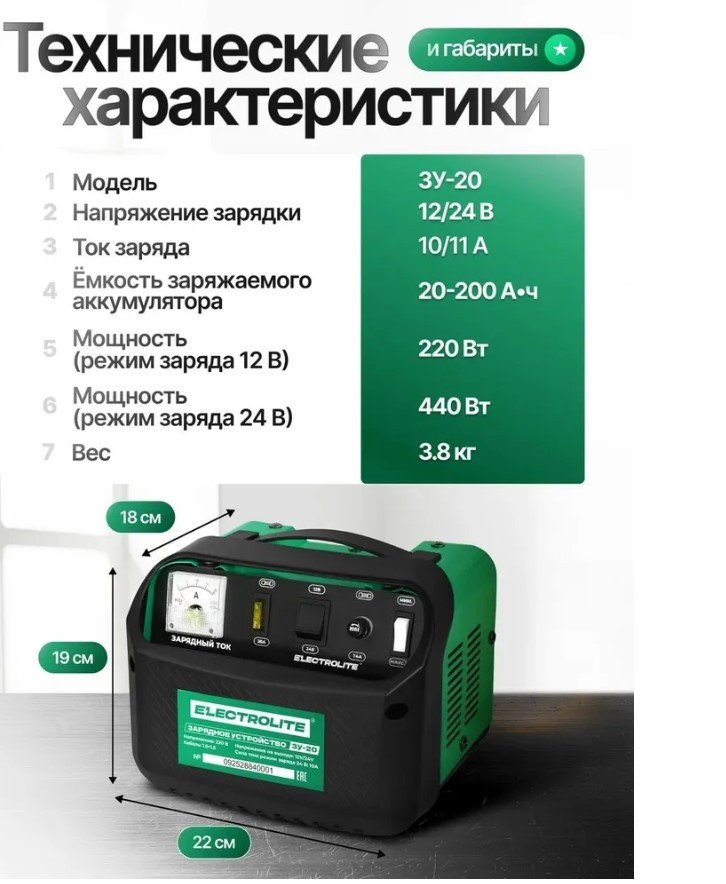 Зарядное устройство ELECTROLITE ЗУ-20 (Вых. напр.-12/24В, Зар. ток-7/10А, Ёмкость АКБ-40-120Ач, Вес-4,4кг)