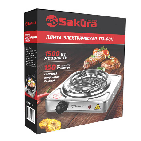 Плита электрическая SAKURA ПЭ-08Н, нерж.сталь, 1500Вт, диаметр 150мм, 1-конфорочн, спираль