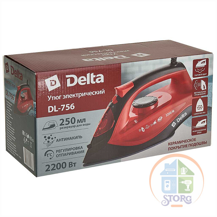 Утюг DELTA DL-756, черный с красным, 2200 Вт, керамика, антинакипь, самоочистка, Паровой Удар (10)