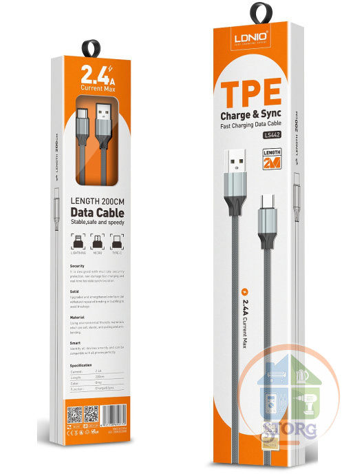 LDNIO LS442/ USB кабель Type-C/ 2m/ 2.4A/ медь: 112 жил/ Gray