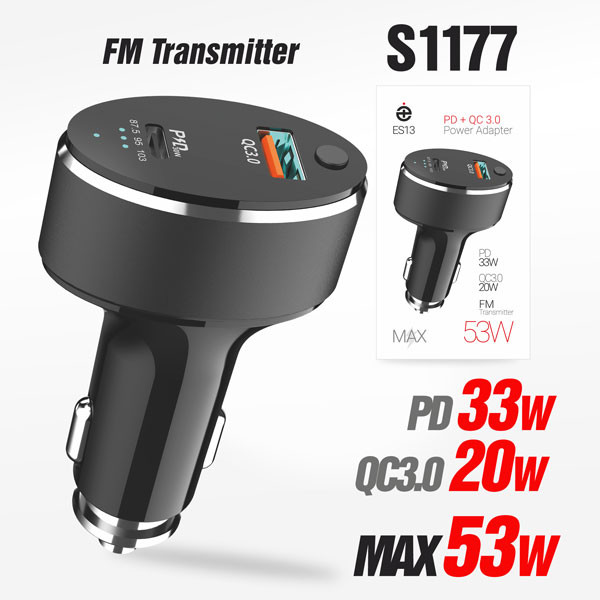 АЗУ + FM модулятор Deespi ES13 QC3.0 + PD30W + FM 53 (Black) 20pcs