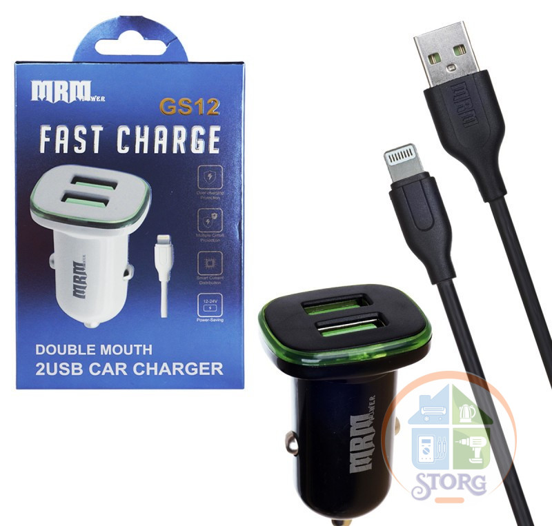 Автомобильное зарядное устройство MRM GS12  5V/2.4A 2USB + Lightning cable 1000mm (black) в корбочке