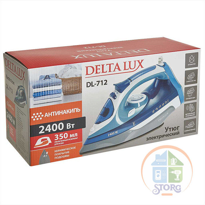 Утюг DELTA LUX DL-712, белый с серо-голубым, 2400 Вт, 350мл, керамика, антикапля, антинакипь (8)