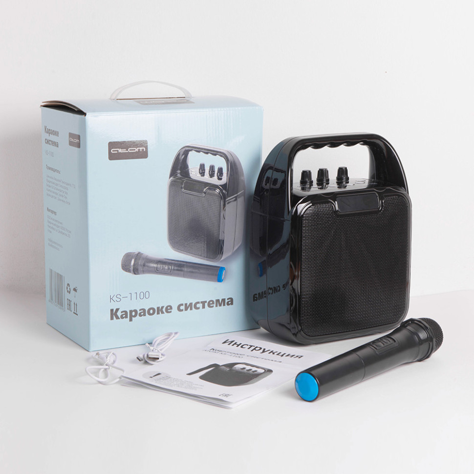 Караоке-система Atom KS-1100, 10Вт, АКБ 2400мА/ч, BT (до12м), USB, microSD, AUX, беспр.микроф.
