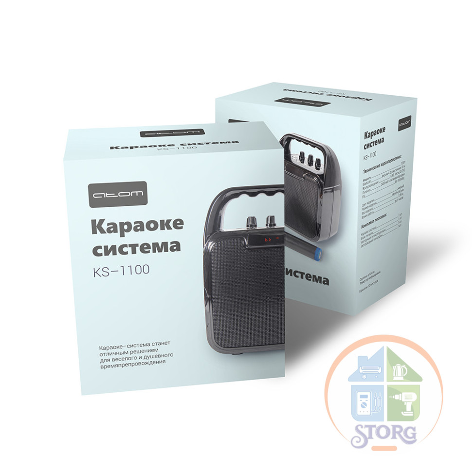 Караоке-система Atom KS-1100, 10Вт, АКБ 2400мА/ч, BT (до12м), USB, microSD, AUX, беспр.микроф.