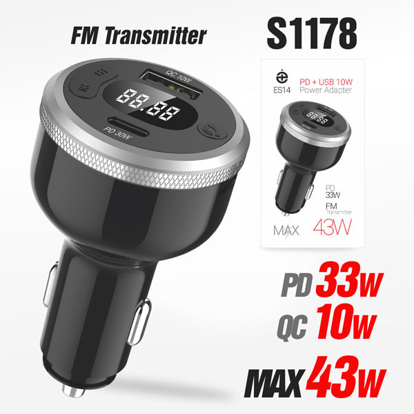 АЗУ + FM модулятор Deespi ES14 QC3.0 + PD30W + FM 43W (Black) 10pcs