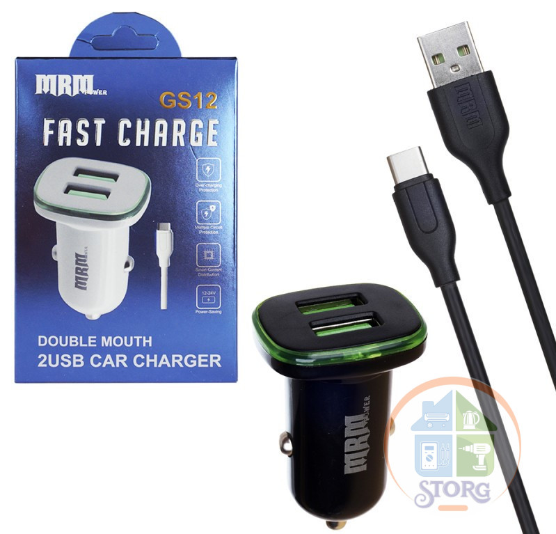АЗУ MRM GS12  5V/2.4A 2USB + Type-C cable 1000mm (black) в корбочке