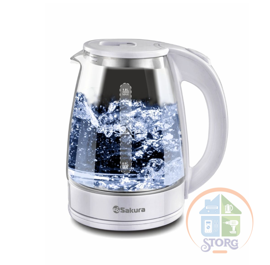 Чайник электрический SAKURA SA-2734W (Белый; Мощность 1800Вт; Объем 1.8л; Стеклянный; Подсветка)